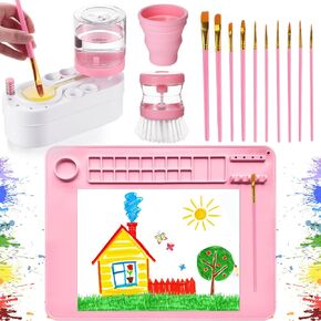 Painting Station Paint Brush Cleaner 20X16in Silicone Painting Mat with Cup and Paint Holder 10 Paint Brushes Children's Painting Set Art Painting Supplies for Kids Birthday Gifts DIY Creations (Pink)