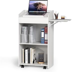 Wooden Lectern Stand, Mobile Podium Stand with Folding Side Shelf, Presentation Podium with Wheels for Classroom, Speaking Lectern for Church, Weddings, Conference, Concert in Kuwait
