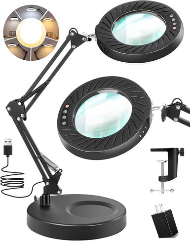 10X Magnifying Glass with Light and Stand, 5 Color Modes Brightness Stepless Dimmable, 2-in-1 LED Desk Lamp with Clamp, Swivel Arm Lighted Magnifier Hands Free for Crafts, Hobby, Reading, Close Work in Saudi Arabia