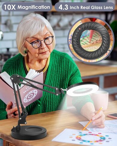 10X Magnifying Glass with Light and Stand, 5 Color Modes Brightness Stepless Dimmable, 2-in-1 LED Desk Lamp with Clamp, Swivel Arm Lighted Magnifier Hands Free for Crafts, Hobby, Reading, Close Work in Saudi Arabia