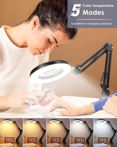 10X Magnifying Glass with Light and Stand, 5 Color Modes Brightness Stepless Dimmable, 2-in-1 LED Desk Lamp with Clamp, Swivel Arm Lighted Magnifier Hands Free for Crafts, Hobby, Reading, Close Work in Saudi Arabia