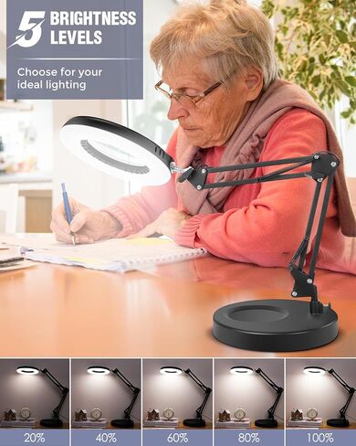 10X Magnifying Glass with Light and Stand, 5 Color Modes Brightness Stepless Dimmable, 2-in-1 LED Desk Lamp with Clamp, Swivel Arm Lighted Magnifier Hands Free for Crafts, Hobby, Reading, Close Work in Saudi Arabia