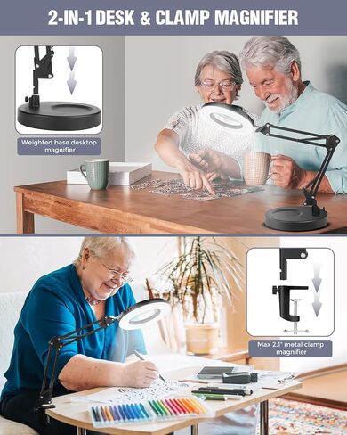 10X Magnifying Glass with Light and Stand, 5 Color Modes Brightness Stepless Dimmable, 2-in-1 LED Desk Lamp with Clamp, Swivel Arm Lighted Magnifier Hands Free for Crafts, Hobby, Reading, Close Work in Saudi Arabia