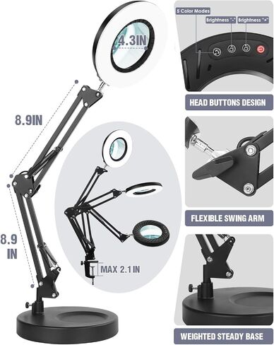 10X Magnifying Glass with Light and Stand, 5 Color Modes Brightness Stepless Dimmable, 2-in-1 LED Desk Lamp with Clamp, Swivel Arm Lighted Magnifier Hands Free for Crafts, Hobby, Reading, Close Work in Saudi Arabia