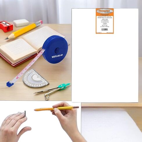 Westlake Art Clearprint Vellum Sheets ، صياغة ورقة القطن ، 18 "x24" ، العد 10 ، مع شريط قياس النسيج ، سطح رسم شفاف مهني (حزمة 2) in Kuwait