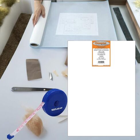 Westlake Art Clearprint Vellum Sheets ، صياغة ورقة القطن ، 18 "x24" ، العد 10 ، مع شريط قياس النسيج ، سطح رسم شفاف مهني (حزمة 2) in Kuwait