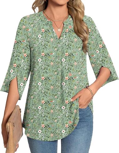 Womens Summer 3/4 Length Sleeve Tunic Tops Plus Size V-Neck Blouses for Women Dressy Casual in Saudi Arabia