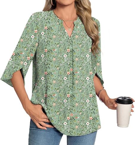 Womens Summer 3/4 Length Sleeve Tunic Tops Plus Size V-Neck Blouses for Women Dressy Casual in Saudi Arabia