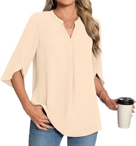 Womens Summer 3/4 Length Sleeve Tunic Tops Plus Size V-Neck Blouses for Women Dressy Casual in Saudi Arabia