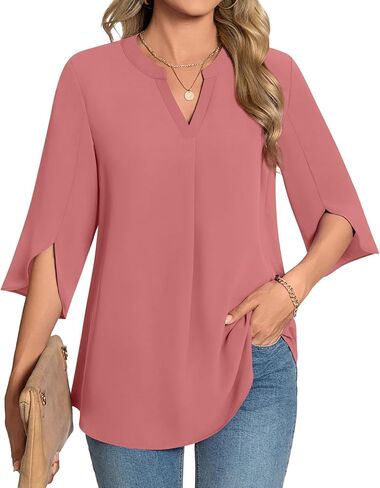 Womens Summer 3/4 Length Sleeve Tunic Tops Plus Size V-Neck Blouses for Women Dressy Casual in Saudi Arabia