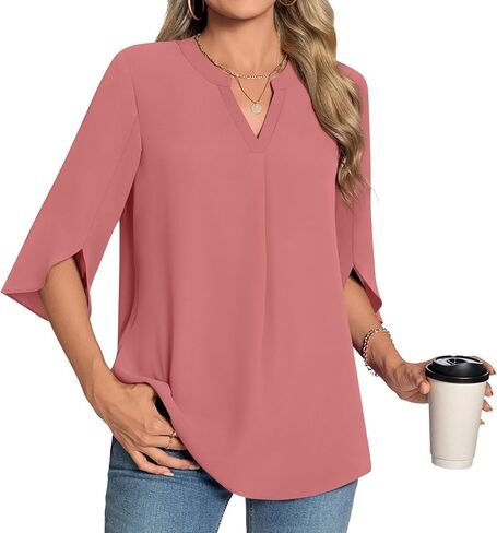 Womens Summer 3/4 Length Sleeve Tunic Tops Plus Size V-Neck Blouses for Women Dressy Casual in Saudi Arabia