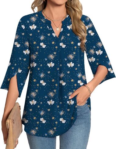 Womens Summer 3/4 Length Sleeve Tunic Tops Plus Size V-Neck Blouses for Women Dressy Casual in Saudi Arabia