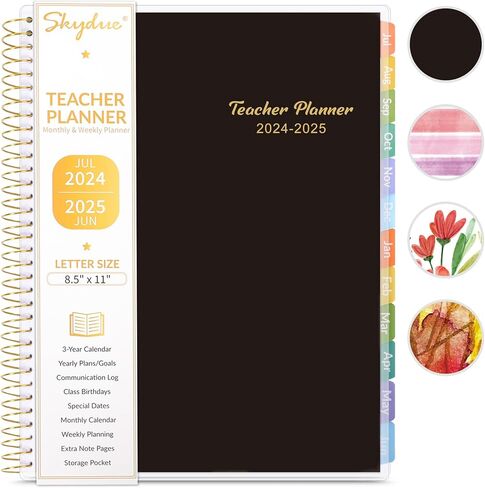 مخطط مدرس Skydue 2024-2025 العام الدراسي ، يوليو 2024 - يونيو 2025 ، 8.5 "× 11" ، كتاب خطة الدروس مع علامات تبويب شهرية ، ملصقات دوامة متينة ، 4 أوراق مخططات ، 7 صفحات وظيفية أخرى أسود in Kuwait