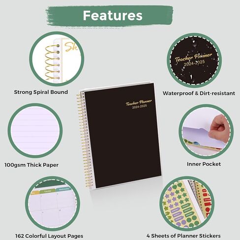 مخطط مدرس Skydue 2024-2025 العام الدراسي ، يوليو 2024 - يونيو 2025 ، 8.5 "× 11" ، كتاب خطة الدروس مع علامات تبويب شهرية ، ملصقات دوامة متينة ، 4 أوراق مخططات ، 7 صفحات وظيفية أخرى أسود in Kuwait