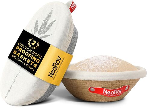 Handmade Cotton Rope Banneton Bread Proofing Basket Set - Oval & Round Bread Baskets - With Liner & Cloth Cover - For Proofing Sourdough Bread & Bread Storage (Grey & Khaki) in Saudi Arabia