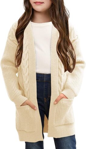 Ermonn Girls Kids Open Front Cardigans Sweaters Long Sleeve Knit Cute Sweater Outwears with Pockets for 5-14 Years in Saudi Arabia