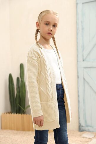 Ermonn Girls Kids Open Front Cardigans Sweaters Long Sleeve Knit Cute Sweater Outwears with Pockets for 5-14 Years in Saudi Arabia
