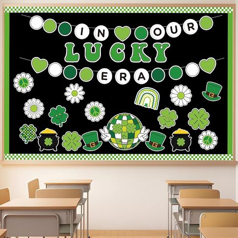 141pcs St. Patrick's Day Bulletin Board Classroom Decoration Retro Hippie Rainbow Flower Cletouts Shamrock Clover Name Tags Green Combor in Kuwait