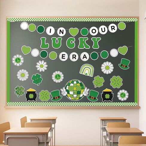 141pcs St. Patrick's Day Bulletin Board Classroom Decoration Retro Hippie Rainbow Flower Cletouts Shamrock Clover Name Tags Green Combor in Kuwait