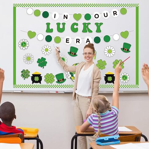 141pcs St. Patrick's Day Bulletin Board Classroom Decoration Retro Hippie Rainbow Flower Cletouts Shamrock Clover Name Tags Green Combor in Kuwait