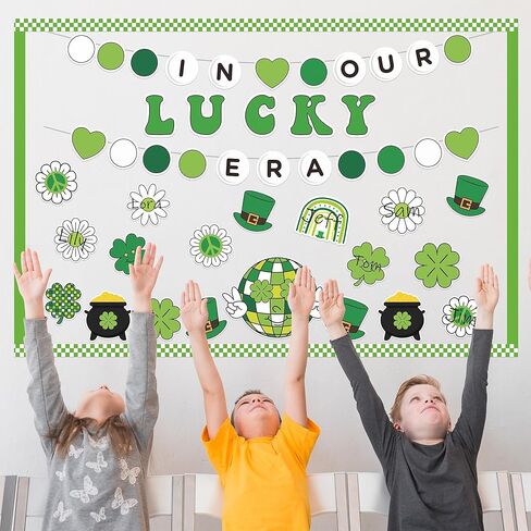 141pcs St. Patrick's Day Bulletin Board Classroom Decoration Retro Hippie Rainbow Flower Cletouts Shamrock Clover Name Tags Green Combor in Kuwait