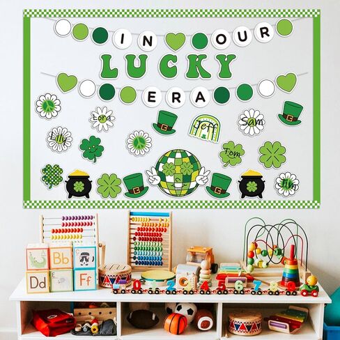 141pcs St. Patrick's Day Bulletin Board Classroom Decoration Retro Hippie Rainbow Flower Cletouts Shamrock Clover Name Tags Green Combor in Kuwait
