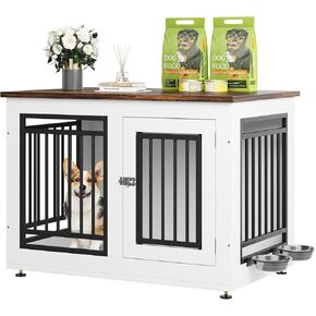 YITAHOME 35" Dog Crate Furniture, Wooden Side End Table with Adjustable Feet and Removable Bowls, Dog Kennel Indoor for Small Medium DogsV