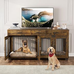 Double Dog Crate Furniture, 71'' Large Dog Kennel Indoor with 3 Storage Drawers and Removable Divider for 2 Dogs, Heavy Duty Decorative Dog House TV Stand Side Table for Medium Large Dogs, White