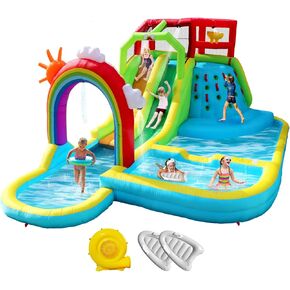 Inflatable Water Double Slides Park with Blower, Bouncy Castle with Rainbow Water Curtain, with Shooting and Rock Climbing