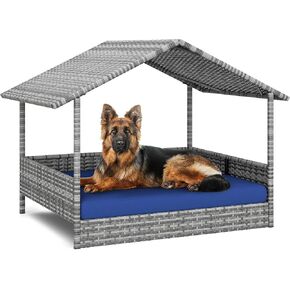 YITAHOME Large Wicker Dog House with Cushion Outdoor Indoor Rattan Doghouse Elevated Raised Dog Bed with Canopy Water Resistant Dog Cot for Small, Medium, and Large Dogs, Gray