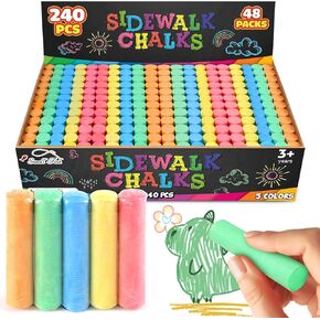 240PCS Washable Sidewalk Chalks 48 Individual Packs in 5 Colors, Sidewalk Chalk for Kid, Jumbo Chalk Set, Non-Toxic Dustless Colored Giant Box Chalkboard Chalk for Outdoor Art, Classroom, Party Favors
