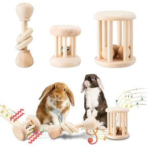 3 Pcs Wooden Bunny Toys - Safe Rabbit Toys, Bite-Resistant Guinea Pigs Toys for Chinchillas Hamsters Small Animals Playing Teeth Grinding Indoor Outdoor