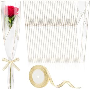 100 Pack Single Rose Sleeves, Flower Bouquet Bags Single Flower Wrapping Bags with Ribbon for Wedding, Birthday, Florist Supplies (White)