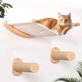 Cat Wall Hammock with Two Steps, Wall Mounted Cat Funiture with Stable Shelves and Perches for Sleeping, Playing, Climbing and Lounging, Wall Mounted Cat Bed for Large Cats