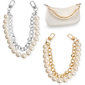 2 Pcs Pearl Purse Chain Imitation Pearl Chain Short Handle Replacement Chain Accessories Purse Straps Shoulder Pearl Metal Chain Pearl Handbag Chain Accessories for Women Girl Purse Bag DIY