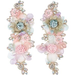 2Pcs 3D Floral Embroidery Applique Pink Rhinestone Flower Appliques Polyester Crystal Sequin Lace Sew on Tulle Patch for Sewing Making Crafts Bridal Dress Wedding Costumes Accessories Supply