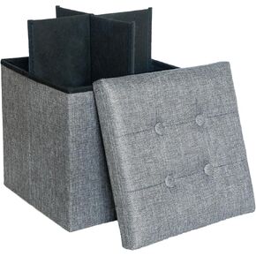 Linen Folding Storage Ottoman - Foot Rest Stool with Cross Divider Foldable Coffee Table for Living Room, Bedroom, 13 x 13 x 13 inches
