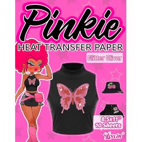 Pinkie Heat Transfer Paper for Inkjet Printer(10 Sheets,8.5x11") Sliver Glitter Iron On Transfer Paper for Dark Fabrics
