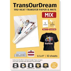 TransOurDream Tru-Heat Transfer Paper for Dark T Shirts (5 Sheets Dark1.0 + 5 Sheets Iron on Transfer Tape, 8.5"x11", Mix Pack) & Clear Heat Transfer Mate for Printable Heat Transfer Vinyl