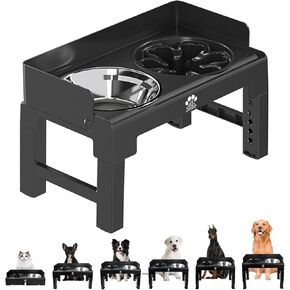 Elevated Dog Bowls 6 Height Adjustable Raised Dog Bowl Stand with Stainless Steel Bowl and Slow Feeder Bowl with Baffle Non-Slip Pet Bowls for Tall Large Medium Small Dogs Cats Grey
