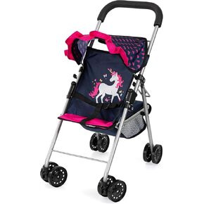 Bayer Design Dolls: Buggy Stroller - Blue, Pink Hearts, Unicorn - Accessory for Dolls Up to 18", Sun Canopy, Foldable, Seat Belt, Kids Toy, Ages 3+