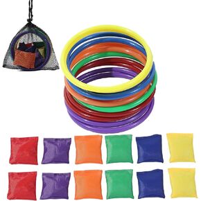24Pcs Nylon Bean Bags Plastic Rings Game Sets for Kids Ring Toss Game Booth Carnival Garden Backyard Outdoor Games Speed Agility Training Games