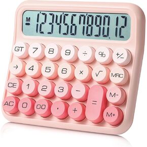 Calculator with Big Button, Cute Desktop Calculators, 12 Digits 5-inch LCD Display Mechanical Switch, Aesthetic Calculator for Everyday Life and Basic Office Work Pink