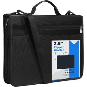 KTRIO Zipper Binder, Zippered Binder Bag with Handle and Shoulder Strap, Binder with 12 tabs, 2.5" 3 D Ring Zip Up Binder, Multi Pocket Organizer Binder, 300 Sheet Capacity, Black