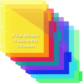 8-Tab Plastic Dividers with 2 Pockets and Insertable Tabs, 3 Ring Binder Dividers for Letter Size (9.4 x 11.6 Inches), Assorted Colors, 5 Sets