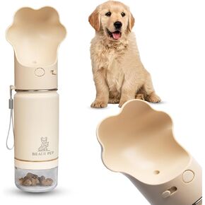 Dog Portable Water Bottle Stainless Steel 10 oz with Food Container - Pet Water Bottle - Cream Portable Dog Water Dispenser with Bowl and Container