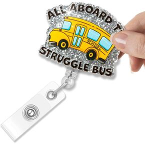 All Aboard The Struggle Bus Glitter Retractable Badge Holder, Funny School Bus Badge Reel Gifts for School Bus Driver Teacher, Mental Health Gifts for Anyone Struggling Social Worker