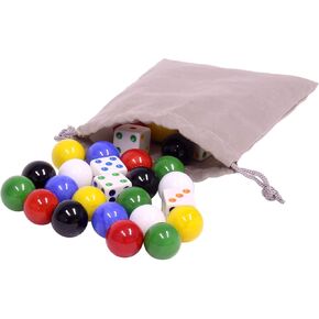 Amishtoybox.com حقيبة ألعاب من 24 رخامات زجاجية كبيرة (قطر 18 ملم) و 6 زهر للعبة التفاقم