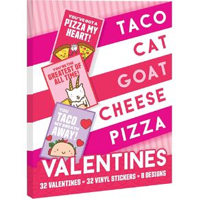 Taco Cat Goat Cheese Pizza Valentine's Day Cards - Great for Kids' School and Classroom Exchange - Includes Durable Vinyl Stickers - 32 Count