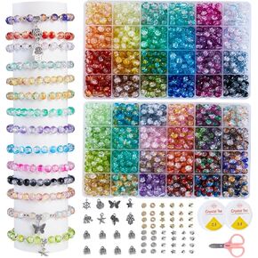 1300PCS 8mm Mixed Crackle Glass Beads for Bracelets Making with Accessories, 48 Colors Crystal Glass Beads Jewelry Making Kit, Round Beads for DIY Bracelet Crafts